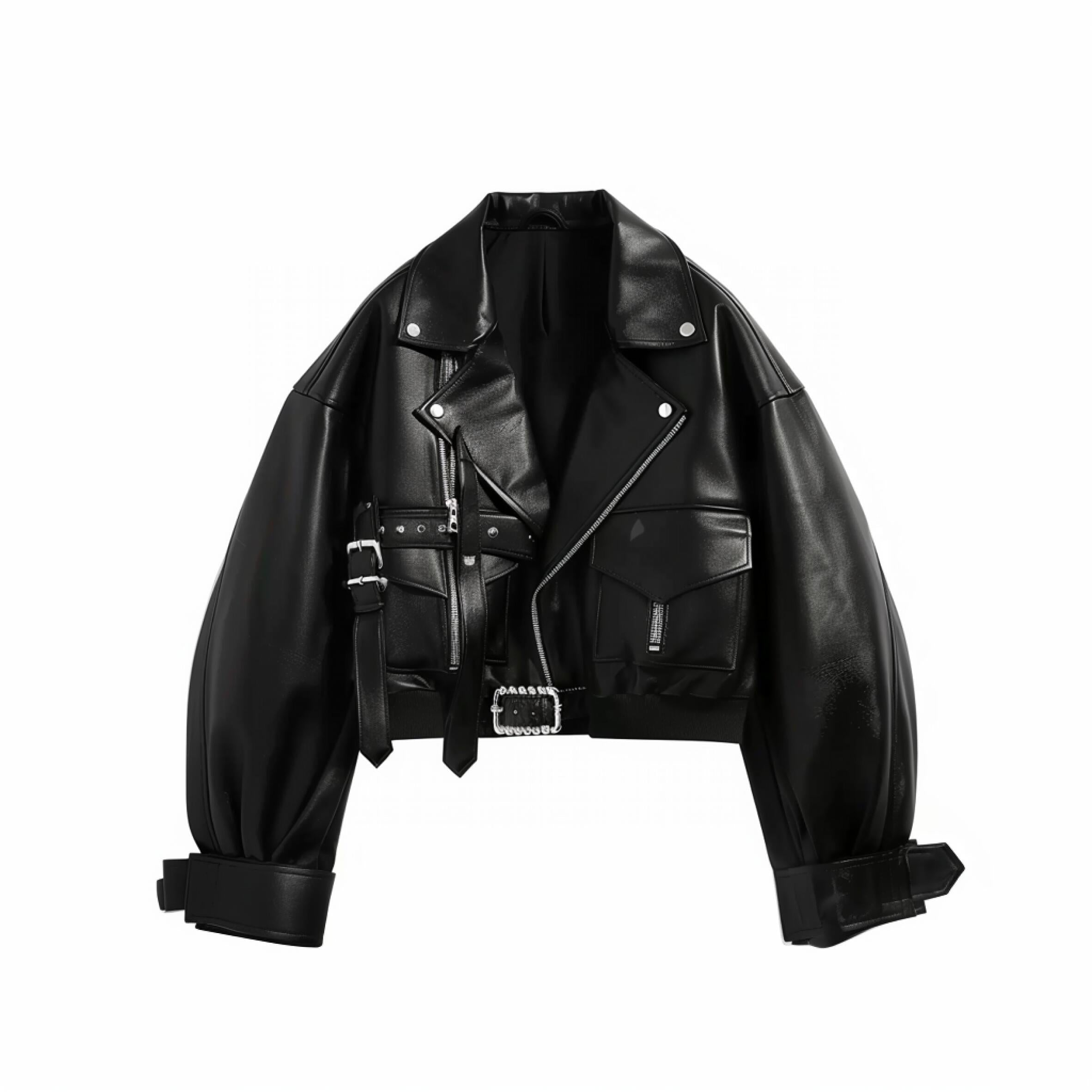 Oversized Leather Moto Jacket - Black